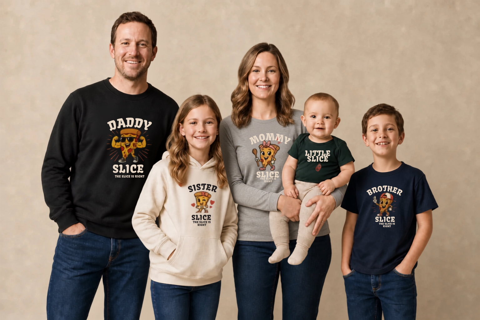 A family wearing Daddy Slice, Mommy Slice, Sister Slice, Little Slice, and Brother Slice apparel