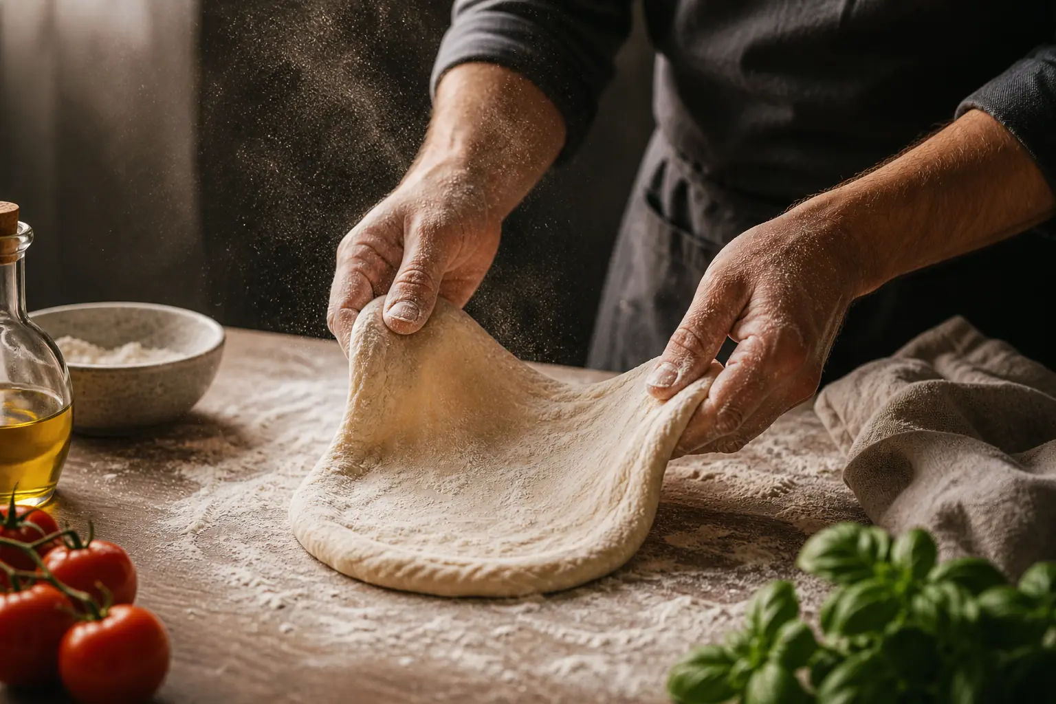 Hands stretching pizza dough on a floured kitchen counter with tomatoes, olive oil, and basil nearby