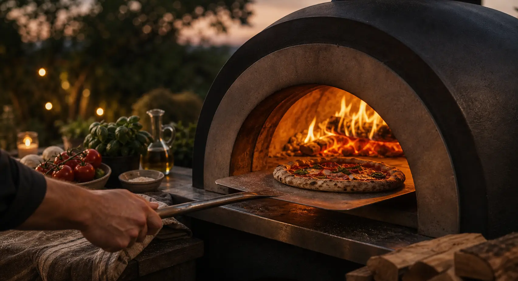 Outdoor pizza oven fire and cooking setup