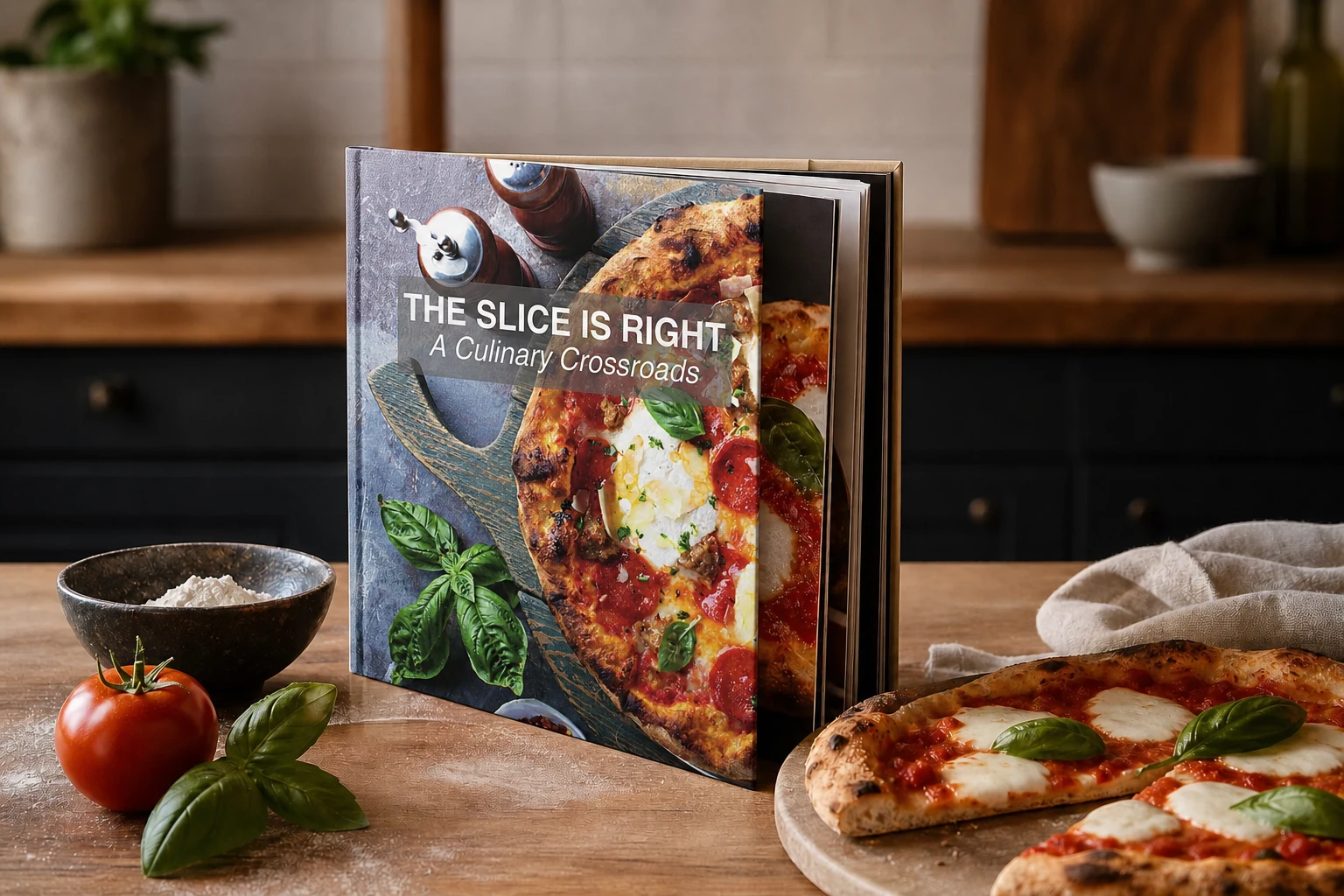 The Slice Is Right: A Culinary Crossroads cookbook displayed in a refined kitchen setting