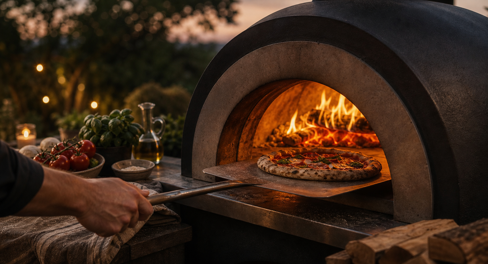 Outdoor pizza oven fire for backyard pizza cooking